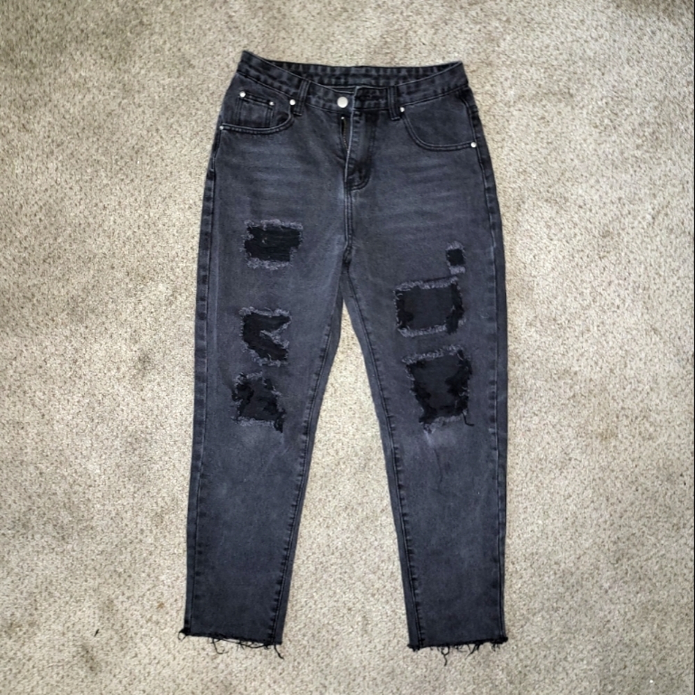Black Dark Grey Distressed Jeans Y2K boyfriend streetwear